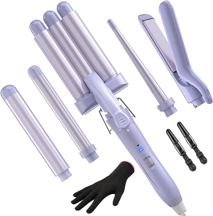 BESTOPE PRO 5 in 1 Wand Curling Iron-Curling Wand Set with Hair Straightener, 3 Barrels Hair Crimper Iron, 3 Ceramic Curling Irons (0.35 