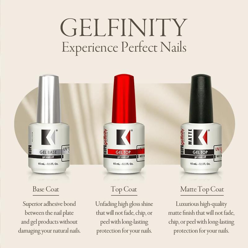 KUPA Gelfinity Soak Off Gel - Base & Glossy Top & Matte Top Coat (No-Wipe) 0.5 Fl Oz for Nail Art