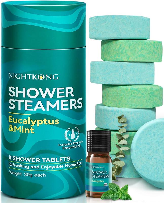 NightKong Shower Steamers Aromatherapy - 8 Packs Eucalyptus & Mint Shower Bombs with 5ml Bonus Bottle of Eucalyptus Essential Oils, Stocking Stuffers for Adults, Relaxation Christmas Gifts for Women