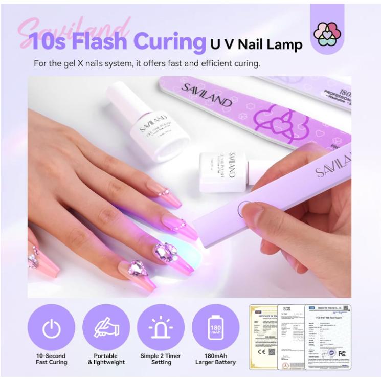 SAVILAND Handheld U V Light for Nails: 3W Portable Mini UV Light for Gel Nail Sticker LED Gel X Nail Lamp Gel Polish 180mAh Rechargeable Flashlight Type-c Gel X Nail Dryer Home DIY Nail Art Self Use