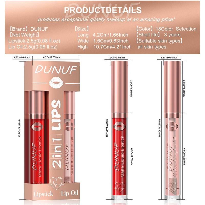 2 in 1 Matte Waterproof Long-lasting Lip Gloss, 2 Counts set Moisturizing Lip Oil, Non-stick Cup Non-fading Lipstick, Perfect Gift for Women, Christmas Gift