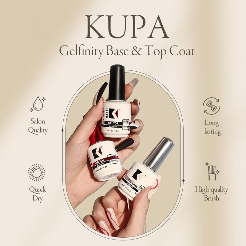 KUPA Gelfinity Soak Off Gel - Base & Glossy Top & Matte Top Coat (No-Wipe) 0.5 Fl Oz for Nail Art