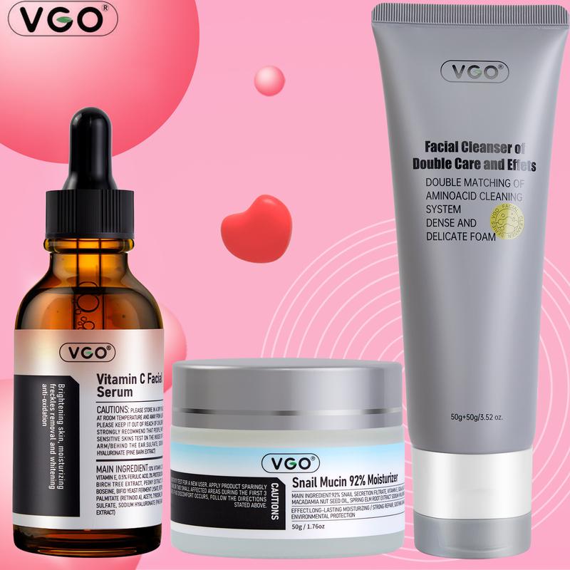 VGO Vitamin C Facial Serum Essence And Snail Mucin 92% Moisturizer and Facial Cleanser of Double Care and Effets SkinCare Set Moisturizing Hydrating Hydrate Moisture Skincare Gentle Hyaluronic Comfort