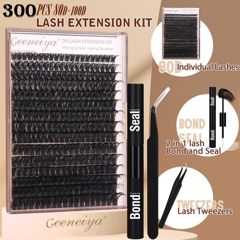 Volume Lash Clusters Kit DIY Lash Extension Kit D Curl Eyelash Extensions with Lash Bond and Seal Waterproof Tweezers,10-14mm Eye Corner Eyelashes and 16-18MM Cluster Lashes(300PCS,80D+100D)