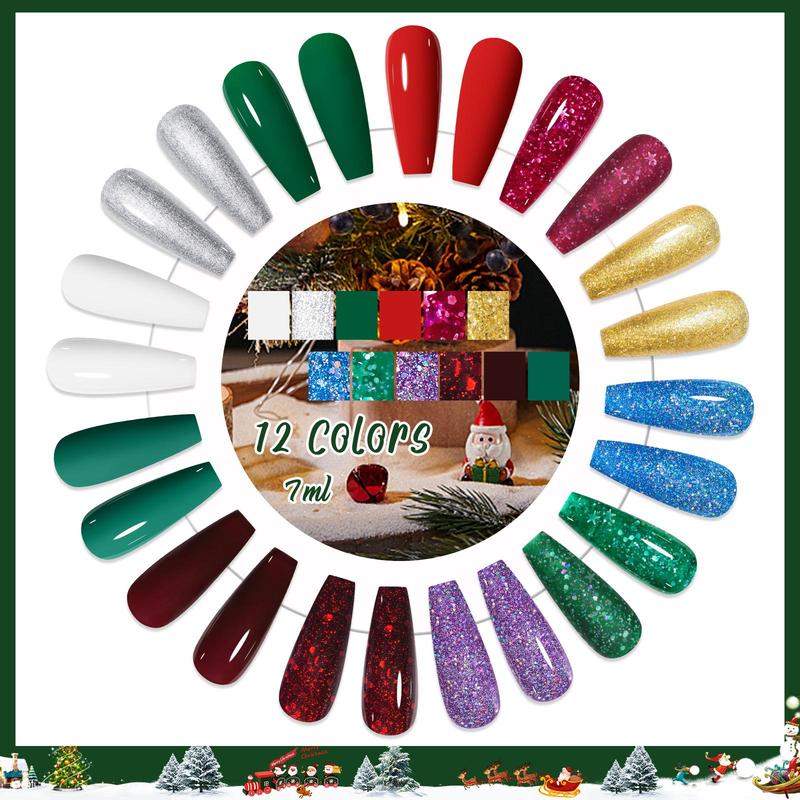 Color Gel Nail Polish Set, 12pcs set Winter Colors Semi Permanent Sparkle Gel Nail Varnish, UV LED Soak Off Gel Nails Lacquer