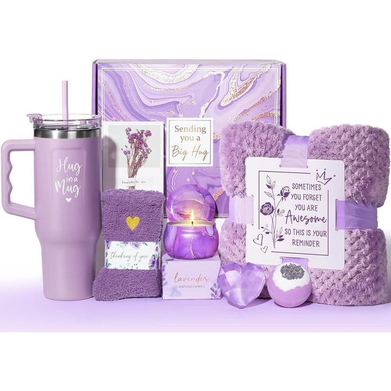 Birthday Gifts for Women Self Care Gifts Get Well Soon Gifts, Lavender Relaxing Spa Gift Basket Care Package w  Flannel Blanket 40 OZ Tumbler, Christmas Anniversary Gift for Mom Wife Friend Sister Her