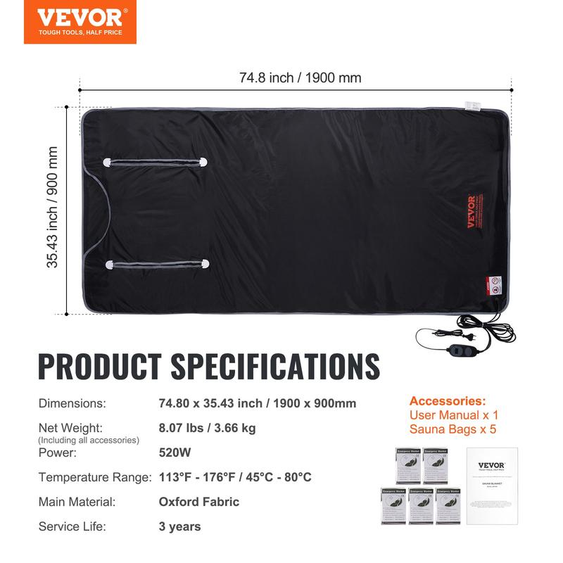 VEVOR Sauna Blanket for Detoxification, Portable Far Infrared Sauna for Home, Oxford Sauna Bag w  Arm Holes & Carbon Fiber Heating, 1-6 Level Adjustable Temp 95-176℉, 5-60 Minutes Timer, 75 x 35 in