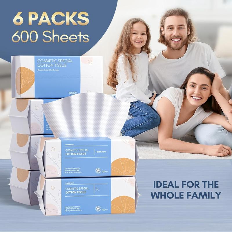 Soft Dry Wipe 6 Pack,  Cotton Face Tissues, Lint Free Facial Cleansing Towels Disposable, Extra Thick Dry and Wet Use for Sensitive Skin, Makeup Removing, Surface Cleaning (600 Count)