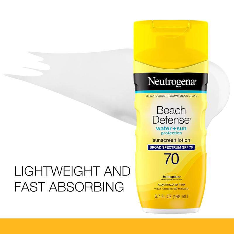 Neutrogena Beach Defense Face and Body Sunscreen Lotion with Broad Spectrum SPF 70, Offers UVA UVB Protection, Water Resistant and Oil Free Sun Protection, Oxybenzone Free and Fast Drying, 6.5 OZ