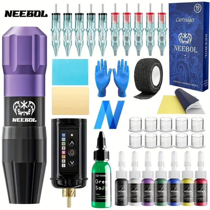 Neebol Cordless Tattoo Pen Kit, Tattoo Power Supply, Rotating Tattoo Pen Kit, 1400mAh Large Battery, Digital Screen Display, 10 Cartridge Needles, Practice Skin, Ink, Suitable for Beginners