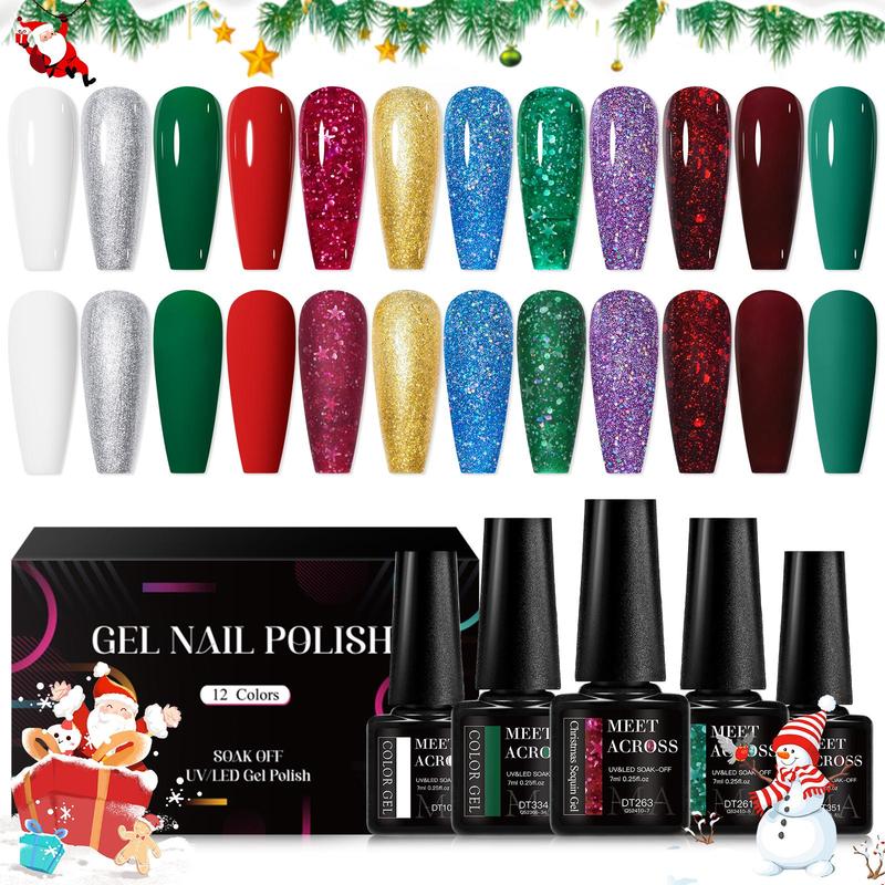 Color Gel Nail Polish Set, 12pcs set Winter Colors Semi Permanent Sparkle Gel Nail Varnish, UV LED Soak Off Gel Nails Lacquer