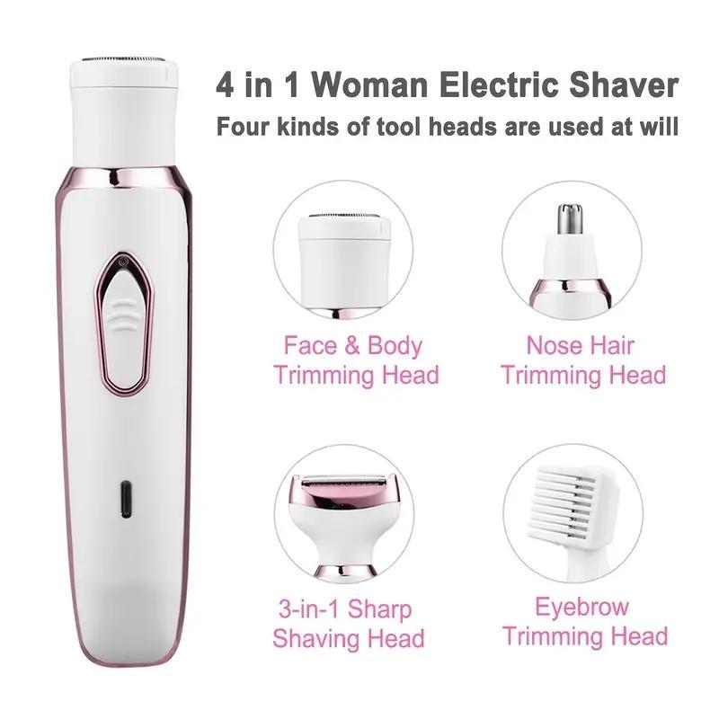 4 in 1 Electric Razor for Women, Body Hair Trimmer, USB Rechargeable Foil Shaver, Multifunctional Hair Removal Tool, Battery Powered Hair Trimmer for Body, Nose, Eyebrow