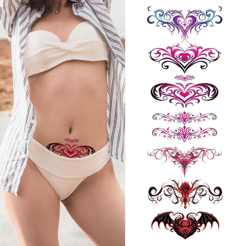 Succubus Belly Temporary Tattoos -8 Sheets of Colourful Heart Designs Cover   For Belly Button   Uterus  Stickers For  Girls Women