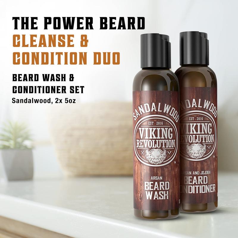 Viking Revolution Beard Wash & Beard Conditioner Set w Argan & Jojoba Oils - Softens & Strengthens - 5oz Hair Care Kit Comfort Cleansing Shampoo