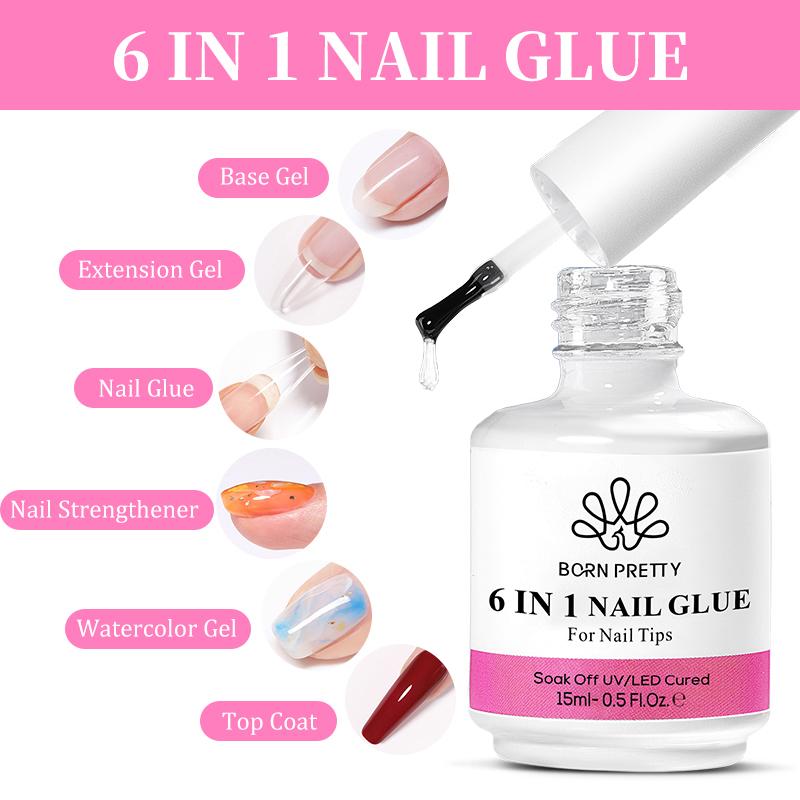 BORN PRETTY 6 in 1 Nail Art Glue 15ml Gel Base Gel Builder Extension Gel Kit for Acrylic Nails False Nail Tips Gel Nail Polish Nail Care