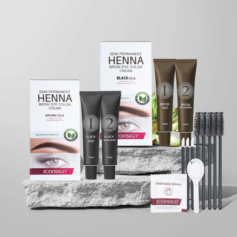 Henna Brow Dye Color Cream Set, 1 Long Lasting Brow Tint Cream & 1 Brow Developer & 3 Lip Brush & 3 Mascara Brush & 1 Paste Spoon & 1 Pair Disposable Gloves, Christmas, Christmas Gift