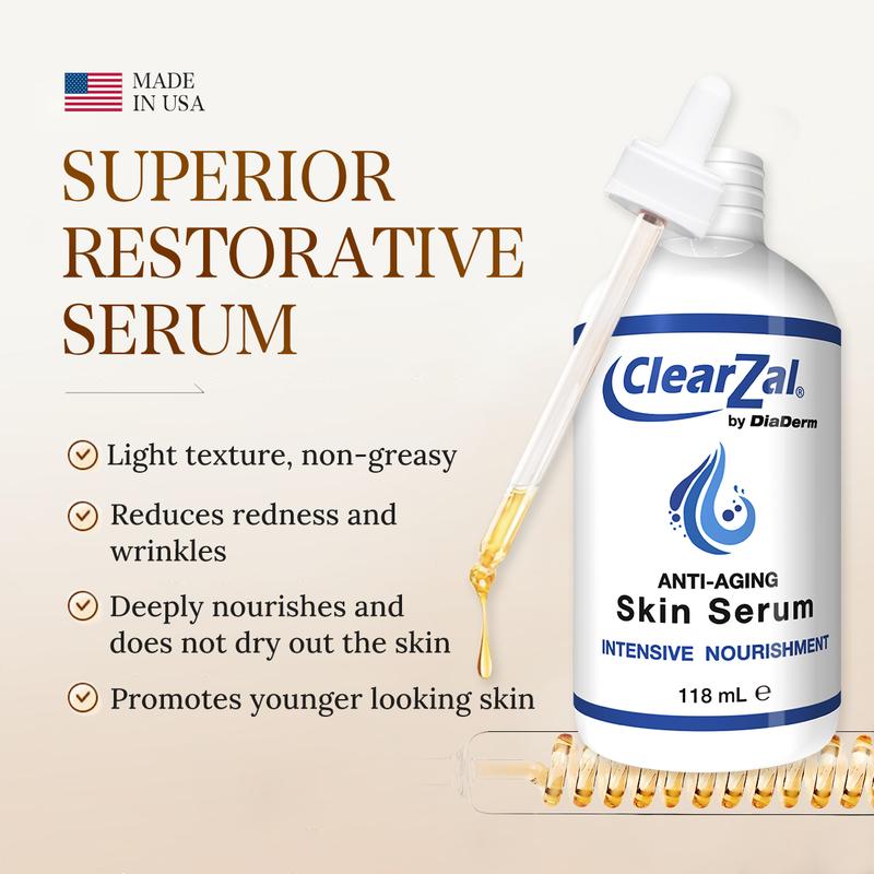 CLEARZAL Anti-Aging All Natural Skin Serum Moisture Embracing Formula with Essential Oils, 4 ounces help relieve irritation, dryness and flakiness.Non-Greasy，helps reinforce skin’s natural defenses, soothe redness, and restore elasticity and suppleness