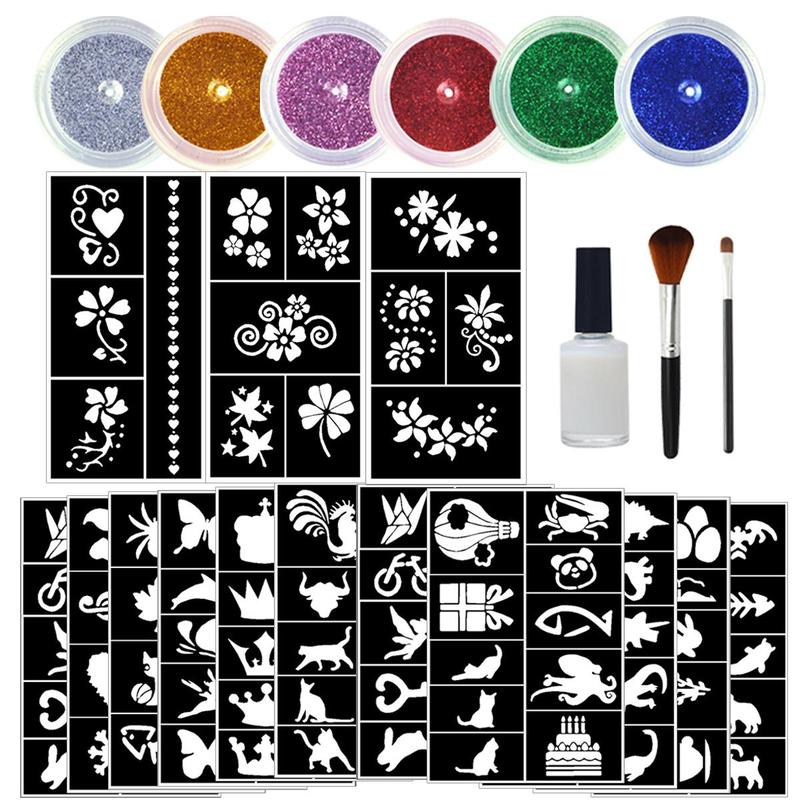 Temporary Glitter Tattoo Kit, 6 Counts Glitter Tattoos for Body Art Painting & 14 Sheets Unique Templates Stencils & 1 Count Glue & 2 Counts Brush, Body Art Painting Tool for Women & Girls, Christmas Gift