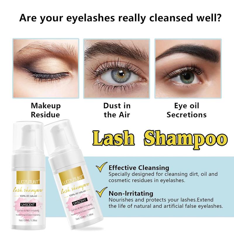 3.38oz Eyelash Extension Cleanser - Lash Mousse Shampoo, Lash Brushes, Cleanser Brush, Wash Bottle for Long-Lasting Lashes