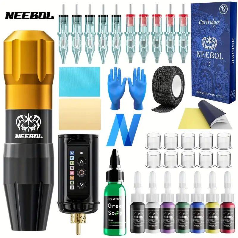 Neebol Cordless Tattoo Pen Kit, Tattoo Power Supply, Rotating Tattoo Pen Kit, 1400mAh Large Battery, Digital Screen Display, 10 Cartridge Needles, Practice Skin, Ink, Suitable for Beginners