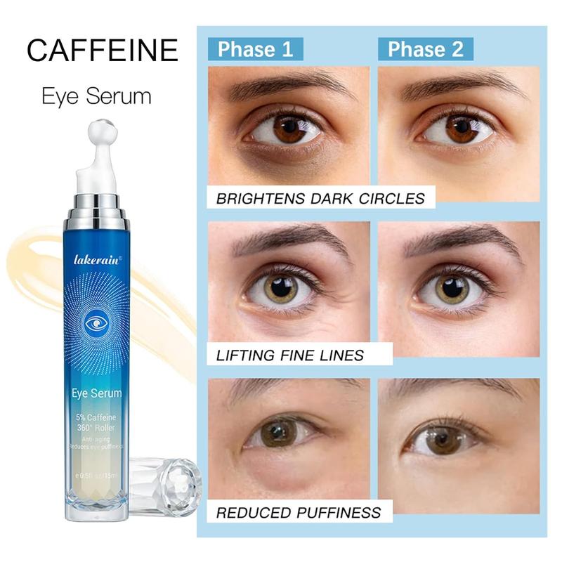 5% Caffeine Eye Serum with 360° Massage Roller Eye Serum for Dark Circles & Relieve Puffiness, Tighten Lifting Brightening Under Eye Cream Skin Care