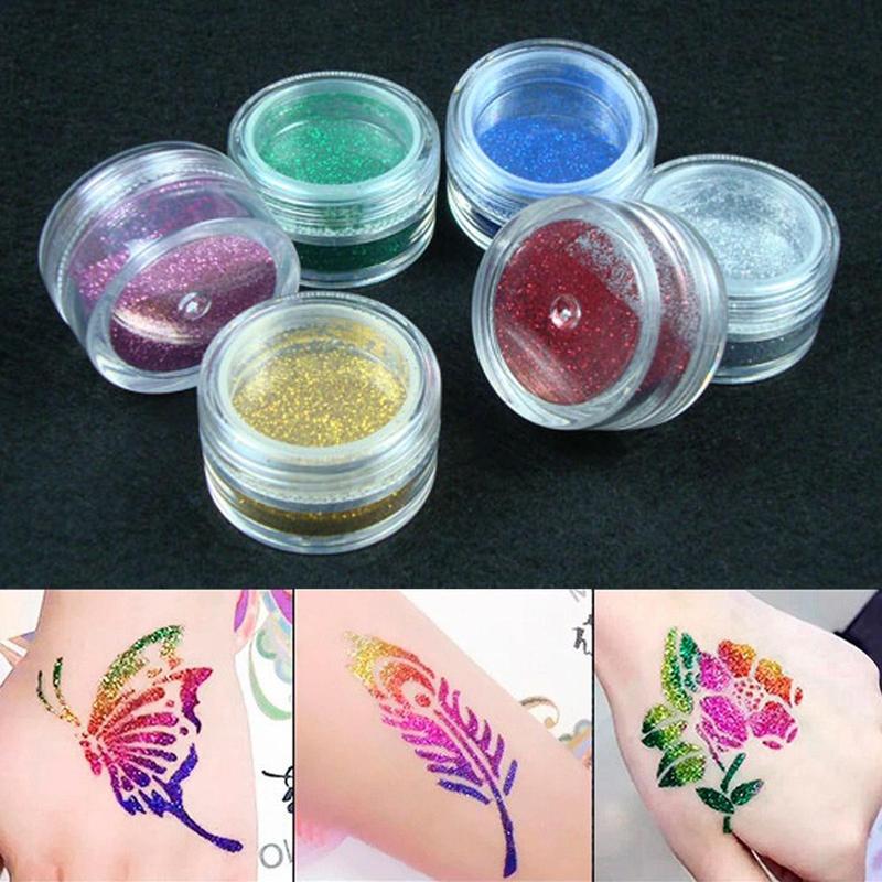 Temporary Glitter Tattoo Kit, 6 Counts Glitter Tattoos for Body Art Painting & 14 Sheets Unique Templates Stencils & 1 Count Glue & 2 Counts Brush, Body Art Painting Tool for Women & Girls, Christmas Gift