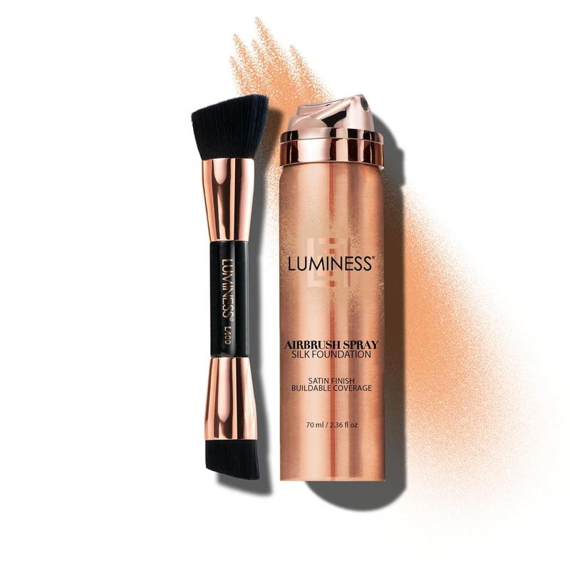 LUMINESS Silk Airbrush Spray Foundation & Buffing Brush Kit – Full Covere Foundation & Dual-Sided Buffing Brush - Buildable Covere, Anti-ing Formula Hydrates & Moisturizes (Shade - Medium)