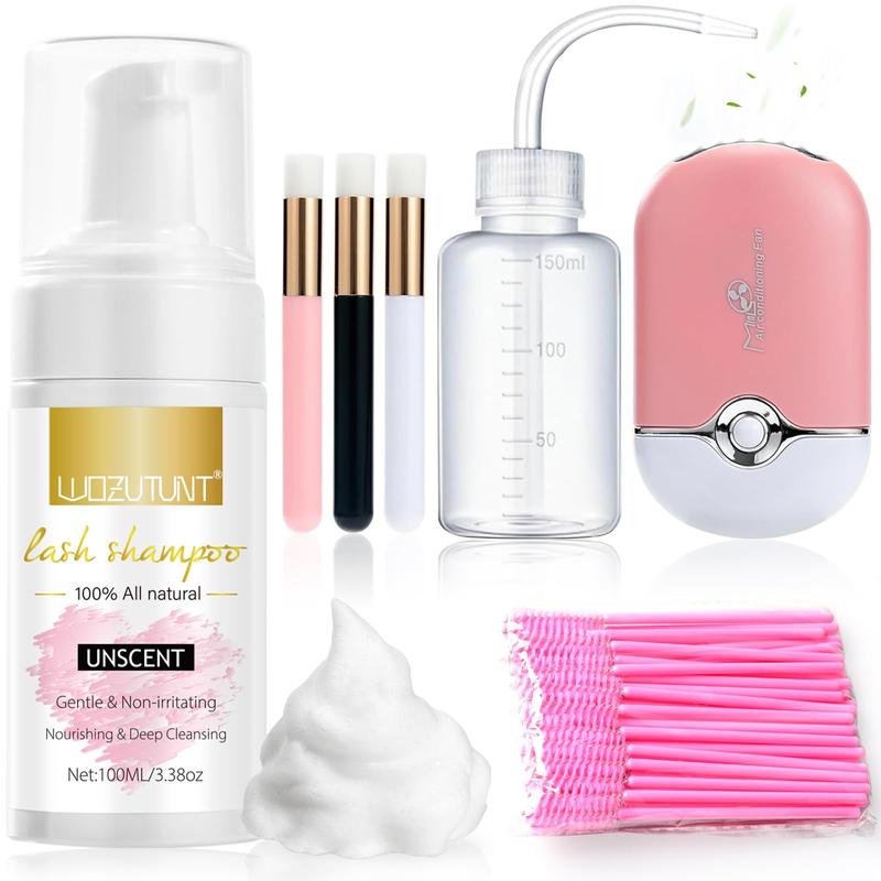 3.38oz Eyelash Extension Cleanser - Lash Mousse Shampoo, Lash Brushes, Cleanser Brush, Wash Bottle for Long-Lasting Lashes