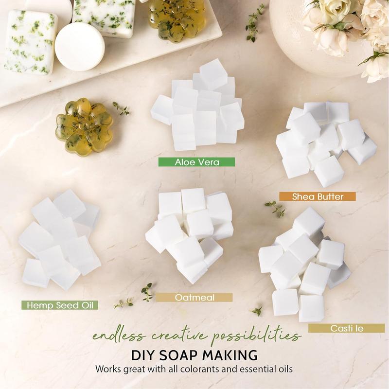 Pre-Cut Melt and Pour Soap Base Sampler (5 lbs) | Cut-Up Pieces of Soap Base (1lb ea) | Shea Butter, Oatmeal, Aloe Vera, Hemp Seed Oil, Castile | Glycerin Soap Making Supplies Kit Body Care Fragrance Scented Gift