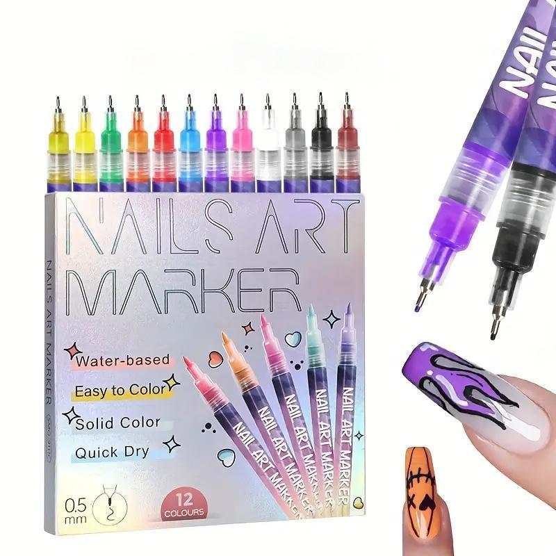 Professional Nail Art Pen Set, 12 Colors Acrylic Paint Pen with Quick Drying, Precision 3D Doodle, Dot Stitching, and Long-lasting Design for Home and Salon, Christmas Gift