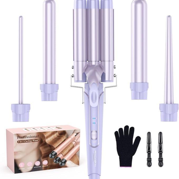 BESTOPE PRO Waver Curling Iron Wand, BESTOPE PRO 5 in 1 Curling Wand Set with 3 Barrel Hair Crimper for Women, Fast Heating Hair Wand Curler in All Hair Type Adjustable Comfort timer reminder straightening brush