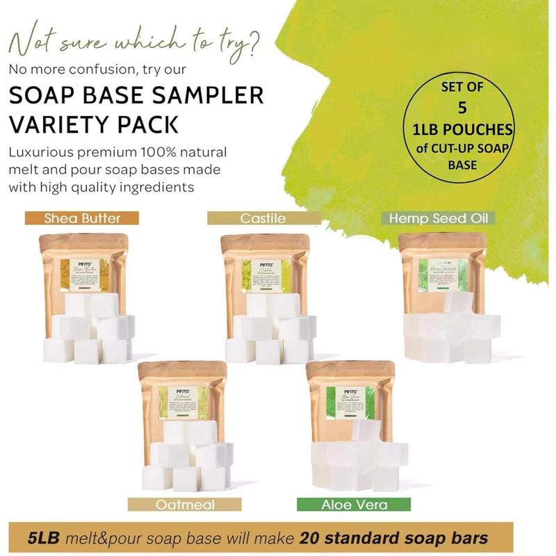 Pre-Cut Melt and Pour Soap Base Sampler (5 lbs) | Cut-Up Pieces of Soap Base (1lb ea) | Shea Butter, Oatmeal, Aloe Vera, Hemp Seed Oil, Castile | Glycerin Soap Making Supplies Kit Body Care Fragrance Scented Gift