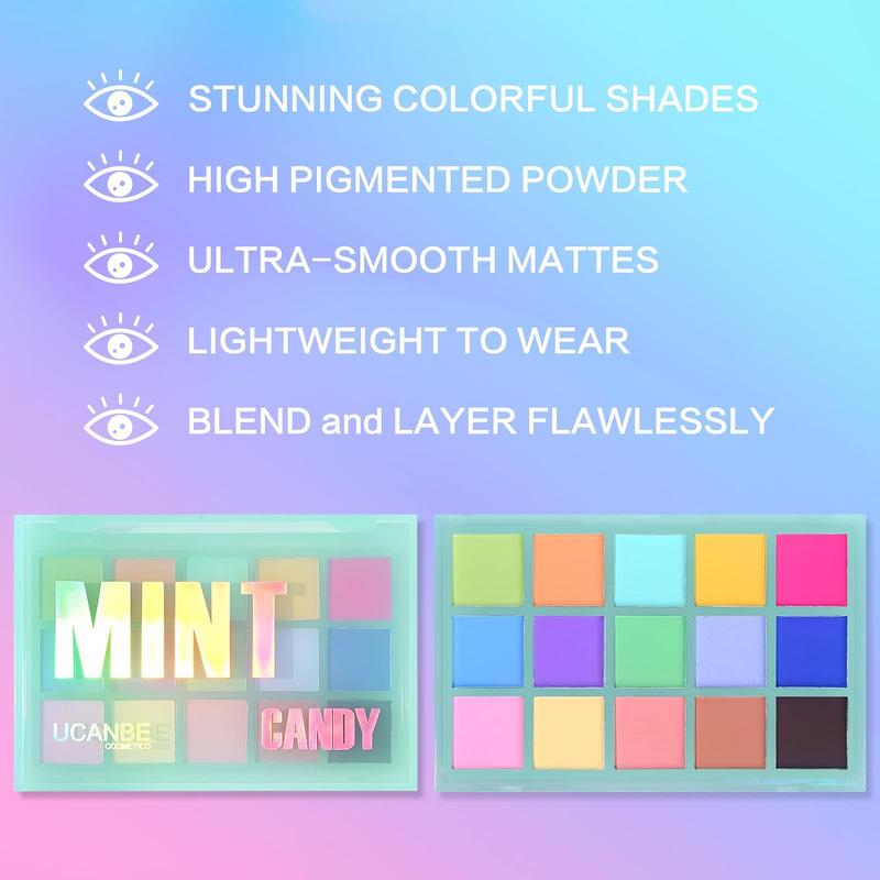 UCANBE Colorful Matte Makeup Eyeshadow Palette, 15 Shades Vibrant MACARON Pastel Eye Shadow Pallet, High Pigmented Blendable Rainbow Make Up Plattet Kit - Mint Candy