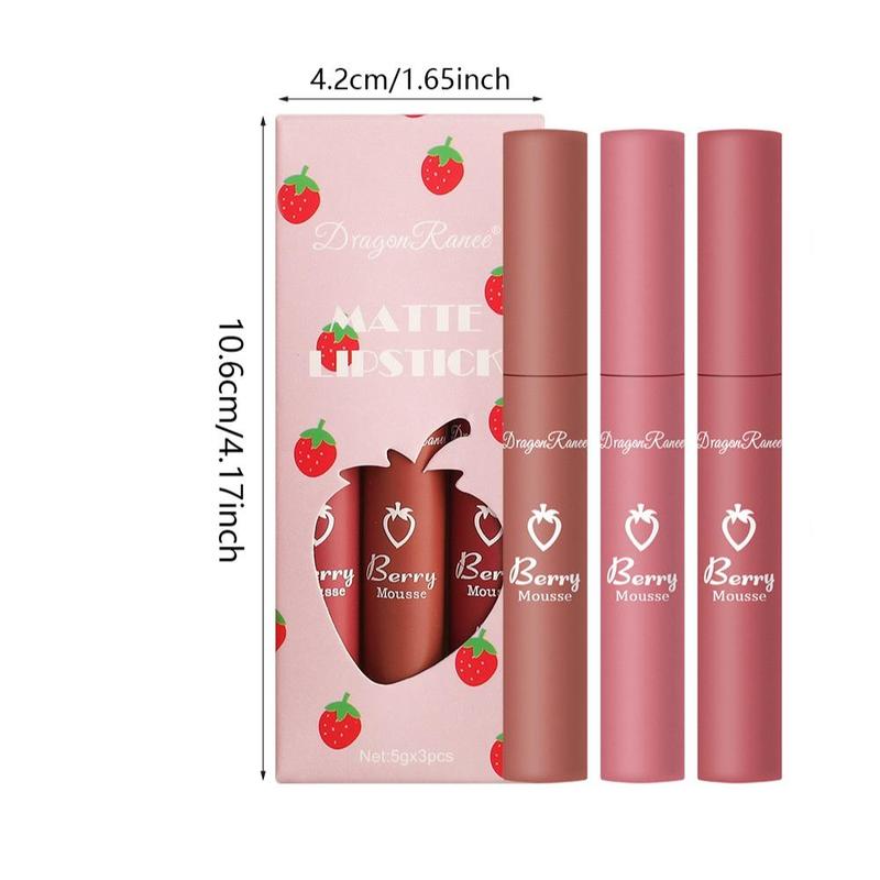 Strawberry Design Cosmetic Lip Care Lipstick Set, 3pcs set Makeup Matte Lip Gloss, Long-lasting Lip Gloss, Non-stick Cup Glossy Lip Glaze