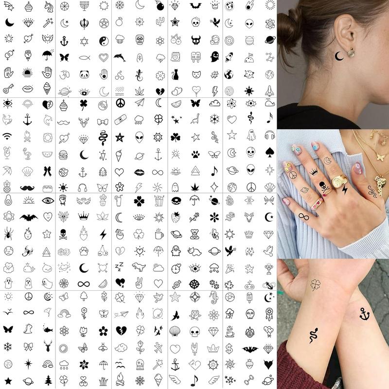 28 Sheets 504 PCS Tiny Small Temporary Tattoos For Women Men Finger Hands, Cartoon Bohemia Fake Tattoo Stickers For Kids Boys Girls, Bulk Cute Black Long Lasting Vintage Tatoos Neck Cholo