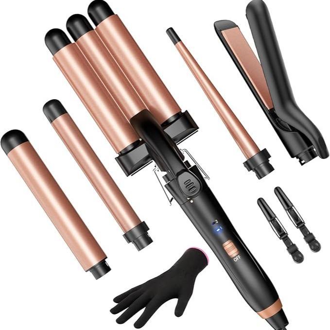 BESTOPE PRO Waver Curling Iron Wand, BESTOPE PRO 5 in 1 Curling Wand Set with 3 Barrel Hair Crimper for Women, Fast Heating Hair Wand Curler in All Hair Type Adjustable Comfort timer reminder straightening brush