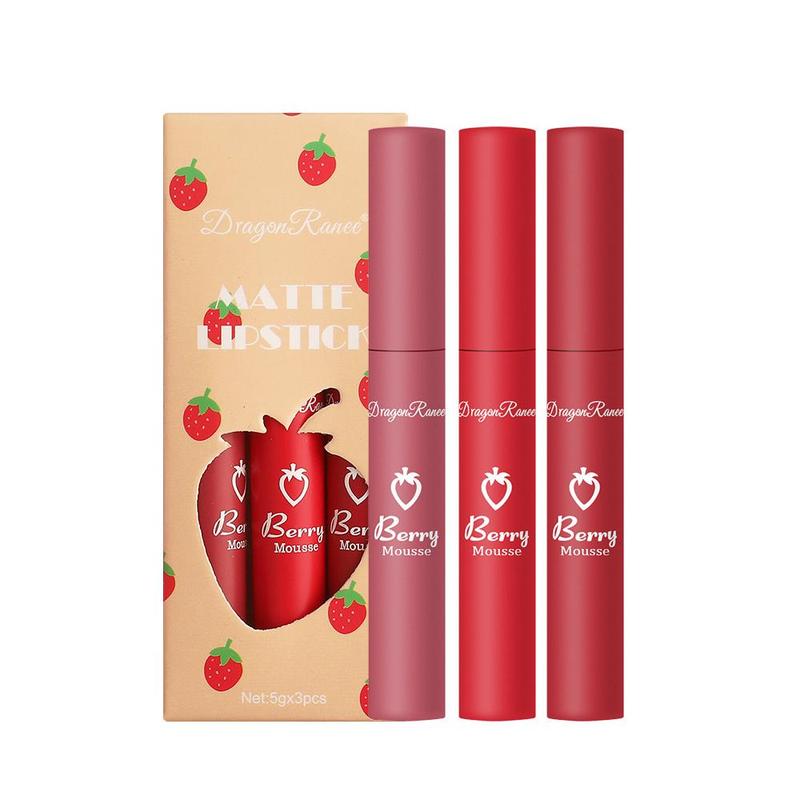 Strawberry Design Cosmetic Lip Care Lipstick Set, 3pcs set Makeup Matte Lip Gloss, Long-lasting Lip Gloss, Non-stick Cup Glossy Lip Glaze