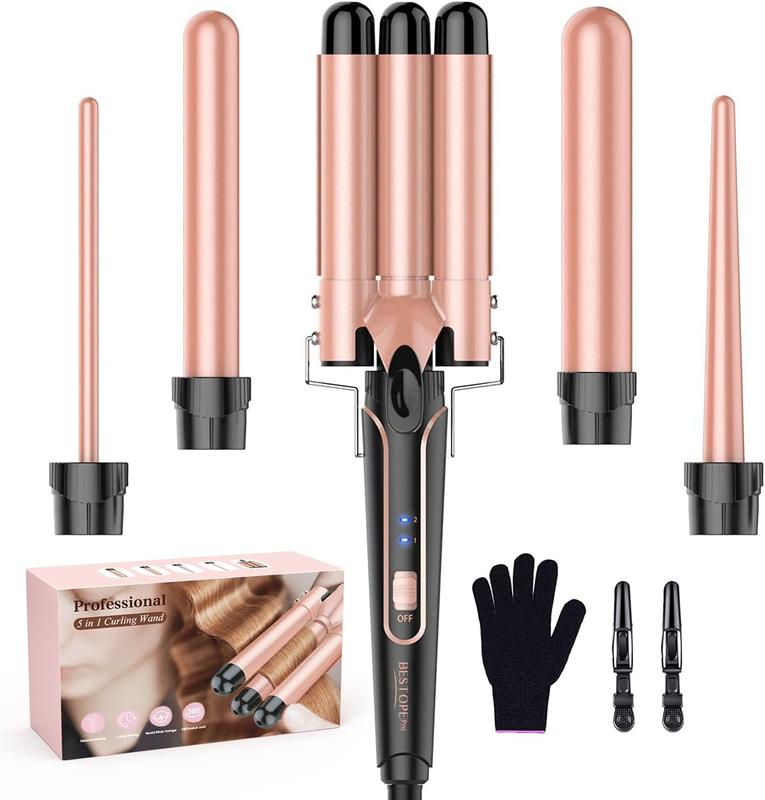 BESTOPE PRO Waver Curling Iron Wand, BESTOPE PRO 5 in 1 Curling Wand Set with 3 Barrel Hair Crimper for Women, Fast Heating Hair Wand Curler in All Hair Type Adjustable Comfort timer reminder straightening brush