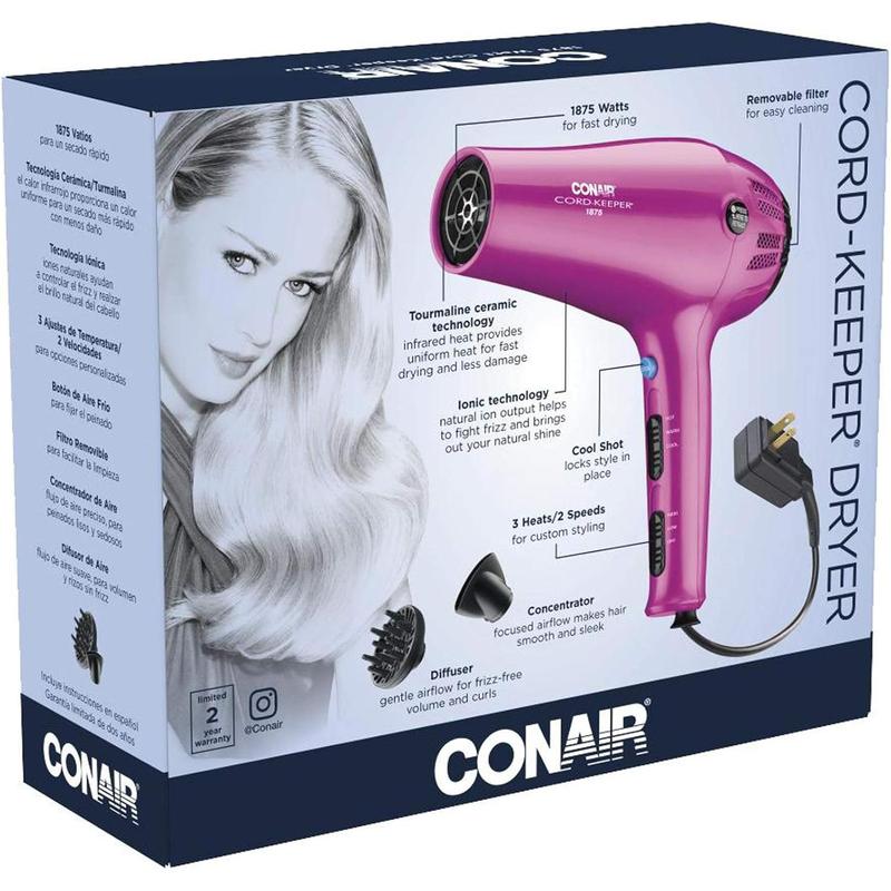 Hair Dryer with Retractable Cord, 1875W Cord Protector Hair Dryer, Pink