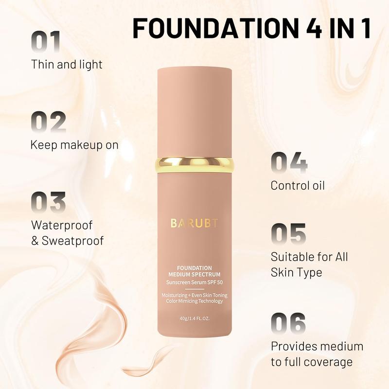 4 in 1 foundation Liquid- Medium Full Coverage Concealer, Waterproof and Sweatproof, SPF 50+, Suitable for All Skin Types (2PCS)