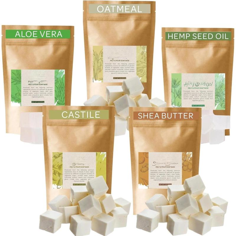 Pre-Cut Melt and Pour Soap Base Sampler (5 lbs) | Cut-Up Pieces of Soap Base (1lb ea) | Shea Butter, Oatmeal, Aloe Vera, Hemp Seed Oil, Castile | Glycerin Soap Making Supplies Kit Body Care Fragrance Scented Gift