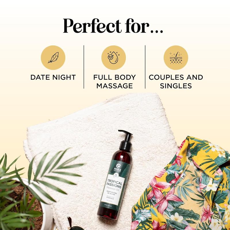 Tropical Sensual Massage Oil for Couples - Complete Relaxation Full Body Massage Oil for Date Night with Smooth Gliding Coconut and Sweet Almond Oil with Mango Scent - Non GMO Gluten Free and Vegan Body Care Comfort Cosmetic Scented Blend Hydrating