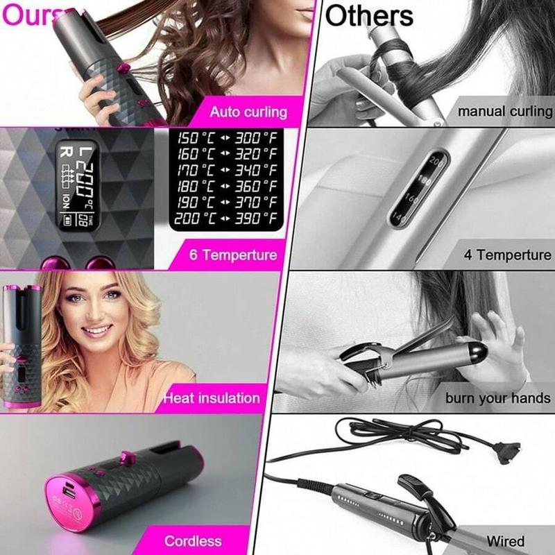 Portable Automatic Curling Iron, Cordless Rechargeable Curling Wand, 1-Inch Spinning Curler, 6 Temperatures and 11 Timers, Portable Ceramic Tubular Curling Iron, Fast Heating Rechargeable Travel Curling Iron Comfort Salon Hair Curler