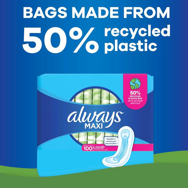 Always Maxi Feminine Pads, Size 2 Long Super Absorbency, Wings, Unscented, 42 Count - Comfort Long Lasting