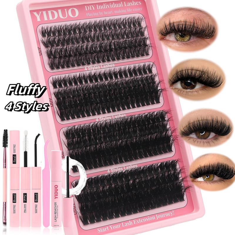 Fluffy False Eyelashes Kit, 4 Styles 10-18mm Individual Eyelashes Extensions Kit with Lash Bond & Lash Remover & Lash Applicator & Eye Makeup Brush, Christmas Gift