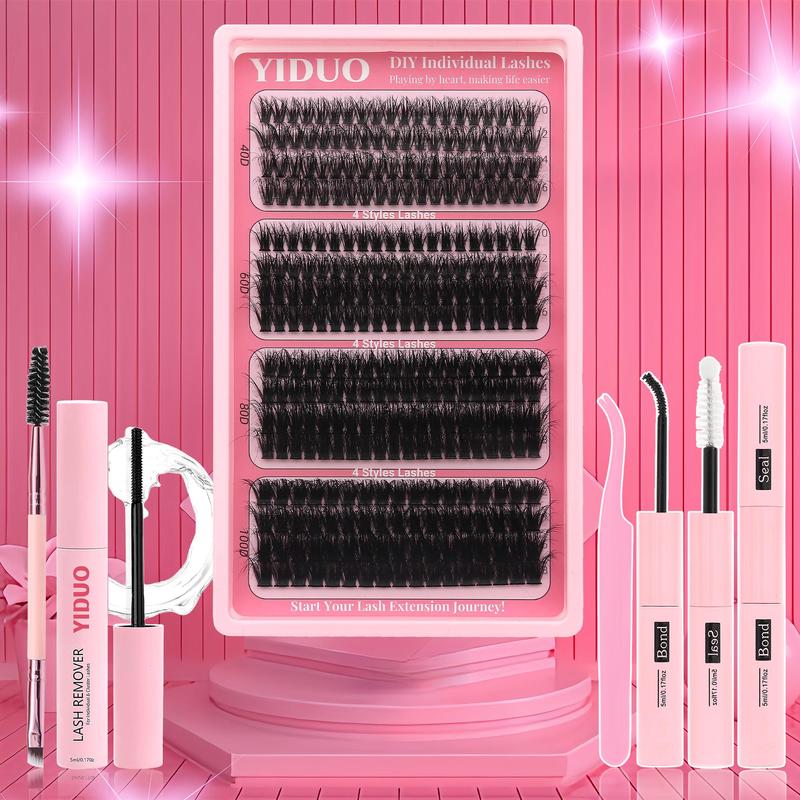 Fluffy False Eyelashes Kit, 4 Styles 10-18mm Individual Eyelashes Extensions Kit with Lash Bond & Lash Remover & Lash Applicator & Eye Makeup Brush, Christmas Gift