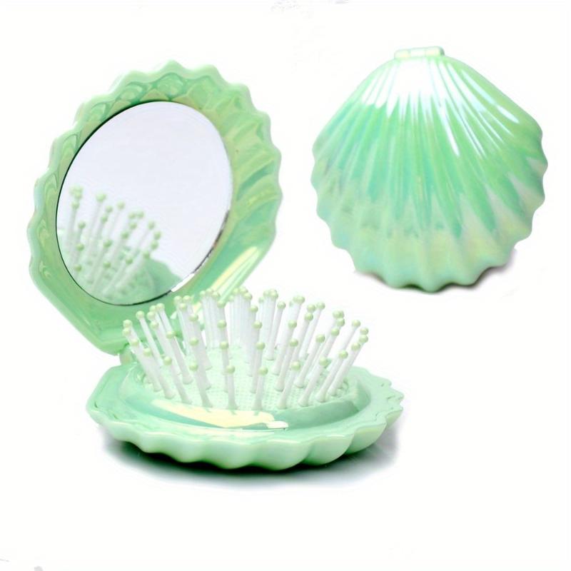 Portable Shell-Shaped Hair Brush with Built-in Mirror-Compact and Foldable for Travel, Removable Air Cushion Design, Suitable for Modeling and Makeup When Going out