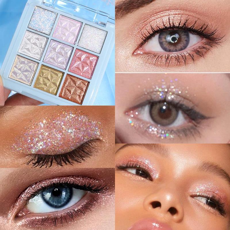 9Colors Sparkly Shimmer Eyeshadow Palette Makeup - White, Pink, Purple, Golden, Brown