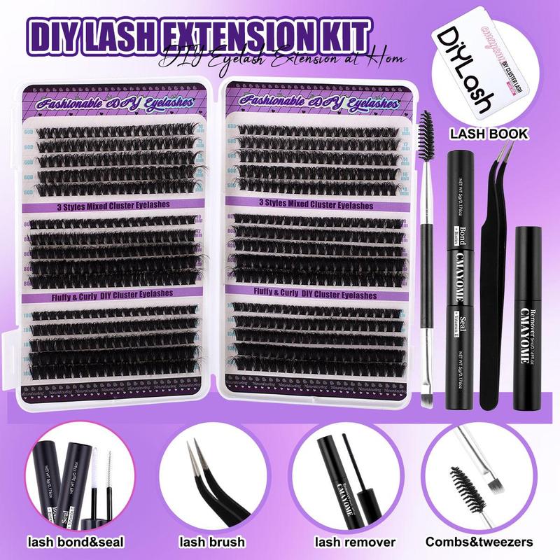 Natural Look Eyelashes Extension Kit, 7 Counts set Fluffy Individual Lashes with Bond & Seal & Lash Remover & Tweezers & Brush, Eyelash False, Eye Makeup Accessories