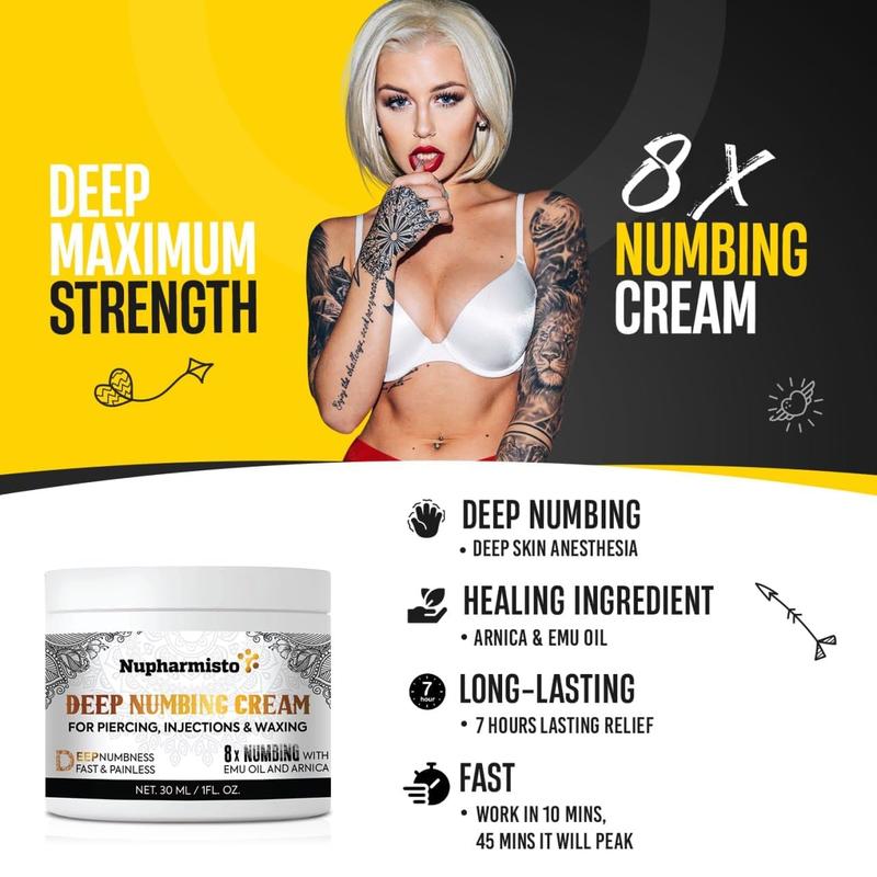 Deep Numbing Cream for Piercing, Injections& Tattoos, Fast Numbing for Waxing, 7 Hours Maximum Strength Painless Numbing Cream for Injections, 8x Numbing with Emu Oil and Arnica. 30ml 1oz